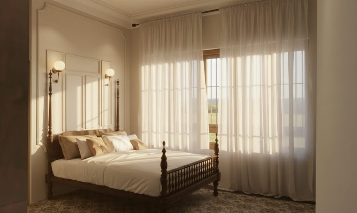 Serene master bedroom design with a classic four-poster wooden bed, wall molding details, and soft sunlight filtering through sheer curtains.