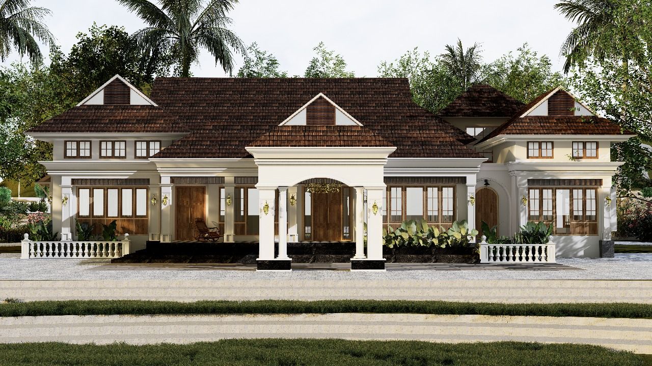 Daytime wide-angle exterior view of the estate showing the symmetrical facade and the interplay between white masonry and dark wood accents.