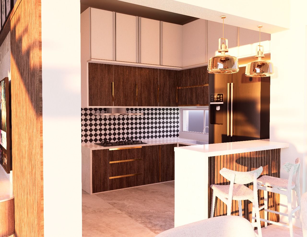 Bespoke kitchen design highlighting rich dark wood cabinetry, brass hardware, and a classic black and white harlequin tile splashback.