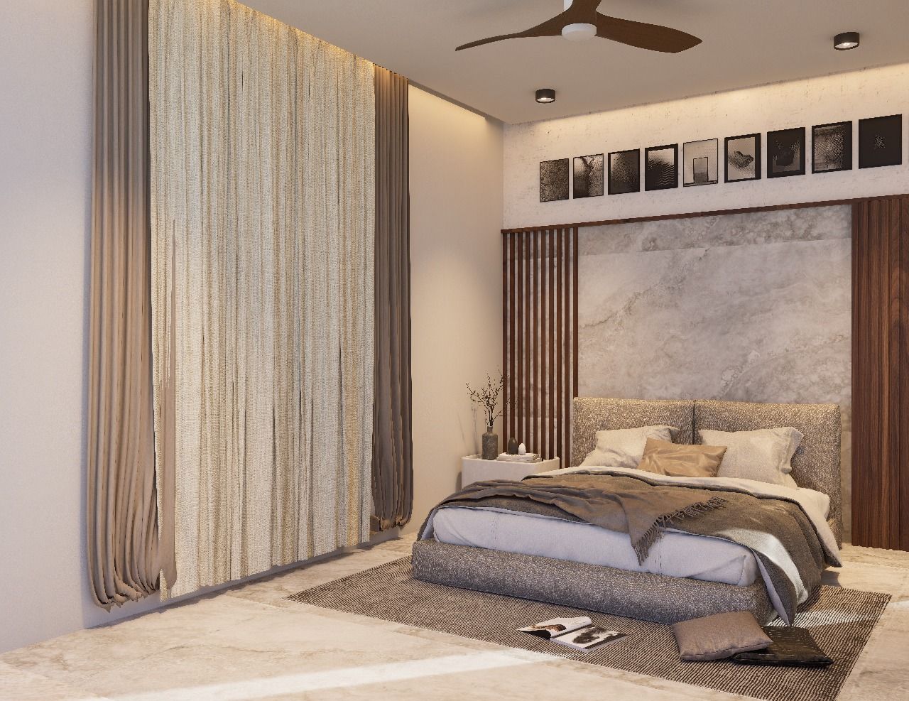 Sophisticated open-plan living area featuring a rhythmic timber-slat ceiling, mid-century modern leather seating, and grand classical columns.