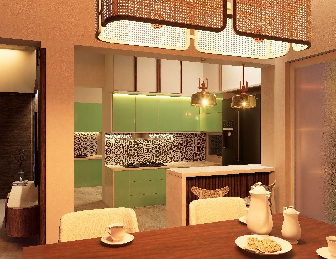 Contemporary kitchen and breakfast bar featuring sage green cabinetry, a patterned tile backsplash, and elegant woven pendant lighting.