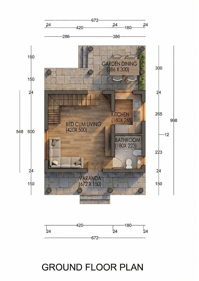 Ground floor architectural plan detailing a compact layout with a combined living area, kitchen, bathroom, and an attached outdoor garden dining patio with dimensions.